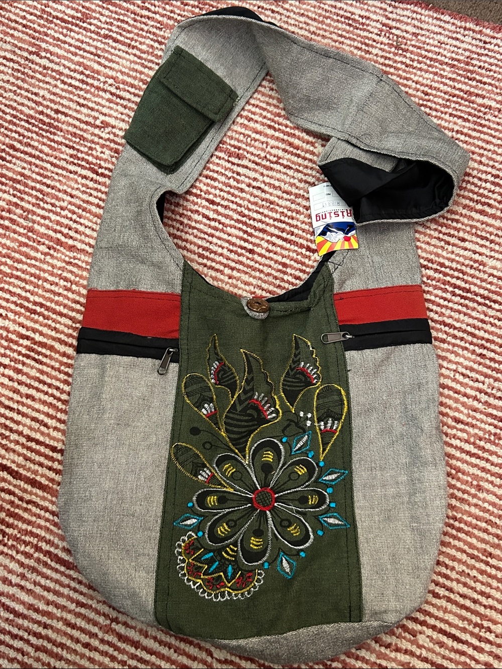 Rising International Gray, Olive & Red Embroidered Shoulder Bag